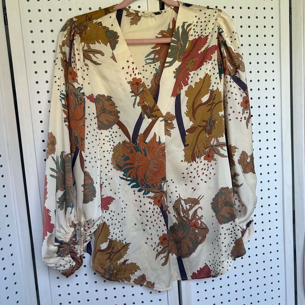 Floral V-Neck Blouse - Cream with Multicolor Floral Print